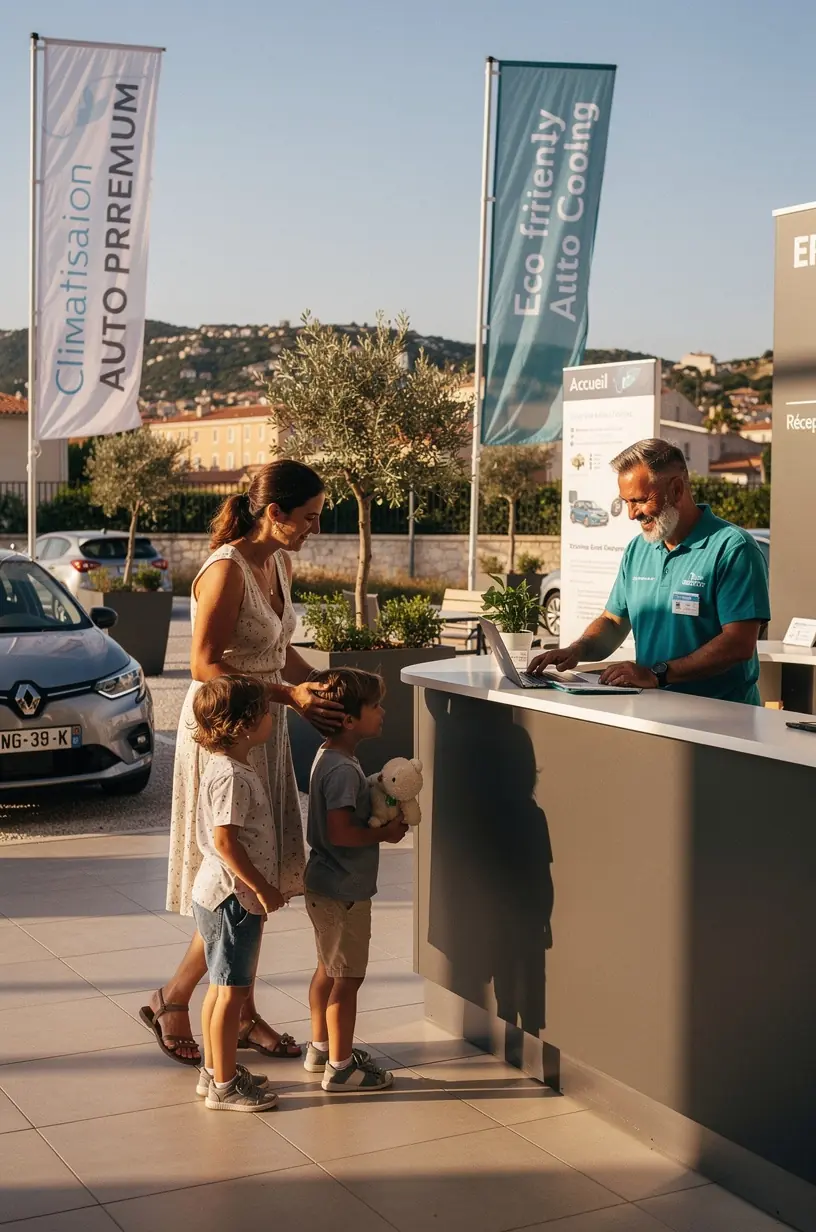 Vue rapprochée de composants de climatisation automobile avec outils spécialisés pour diagnostic précis et maintenance.