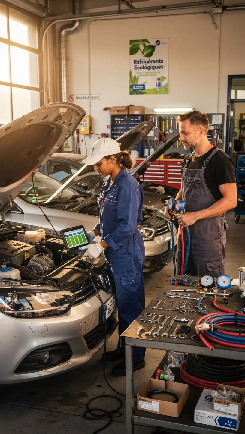 Client satisfait recevant des conseils professionnels sur l'entretien de la climatisation de son véhicule dans un centre auto français.
